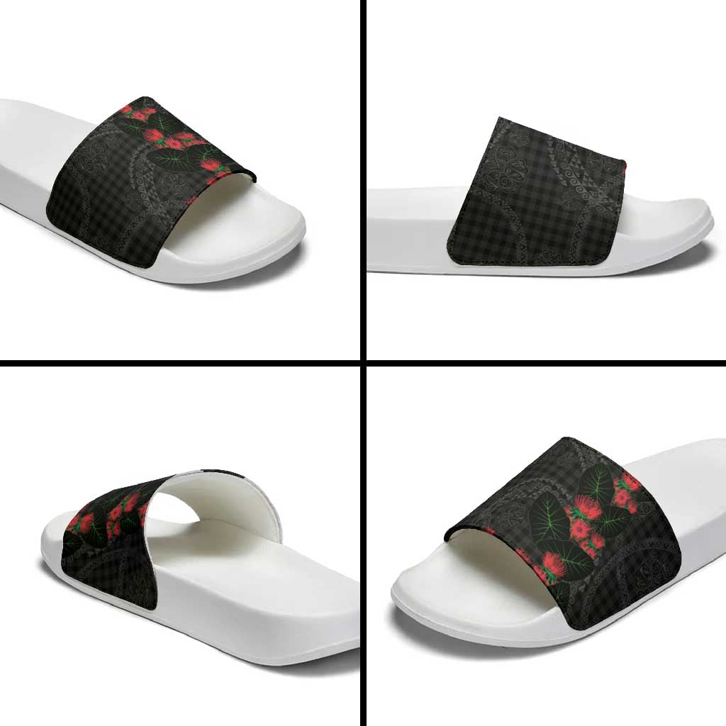 Hawaiian Kakau Art Slide Sandals Taro Leaves with Ohia Lehua and Pakala Pattern - Polynesian Pride