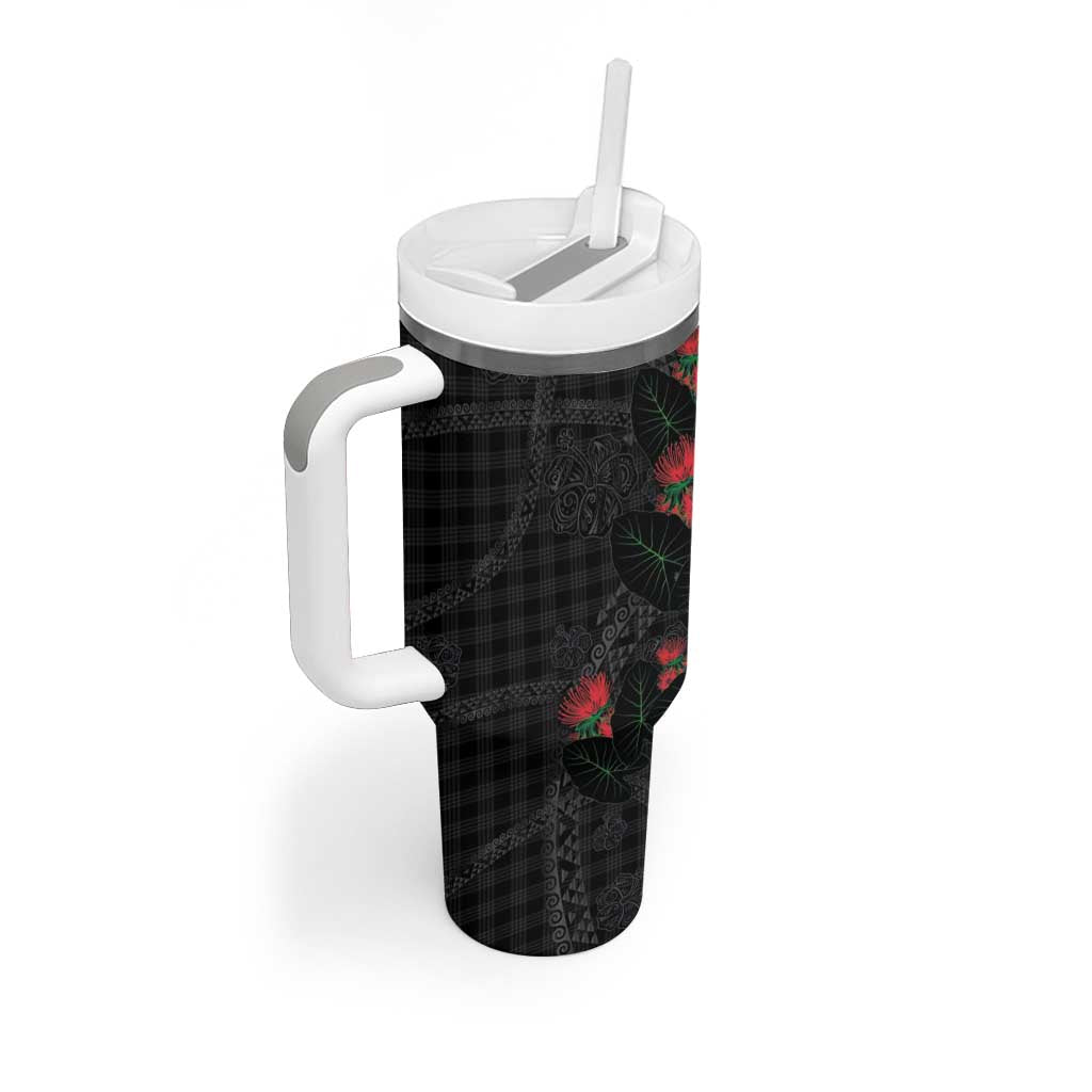 Hawaiian Kakau Art Tumbler With Handle Taro Leaves with Ohia Lehua and Pakala Pattern - Polynesian Pride
