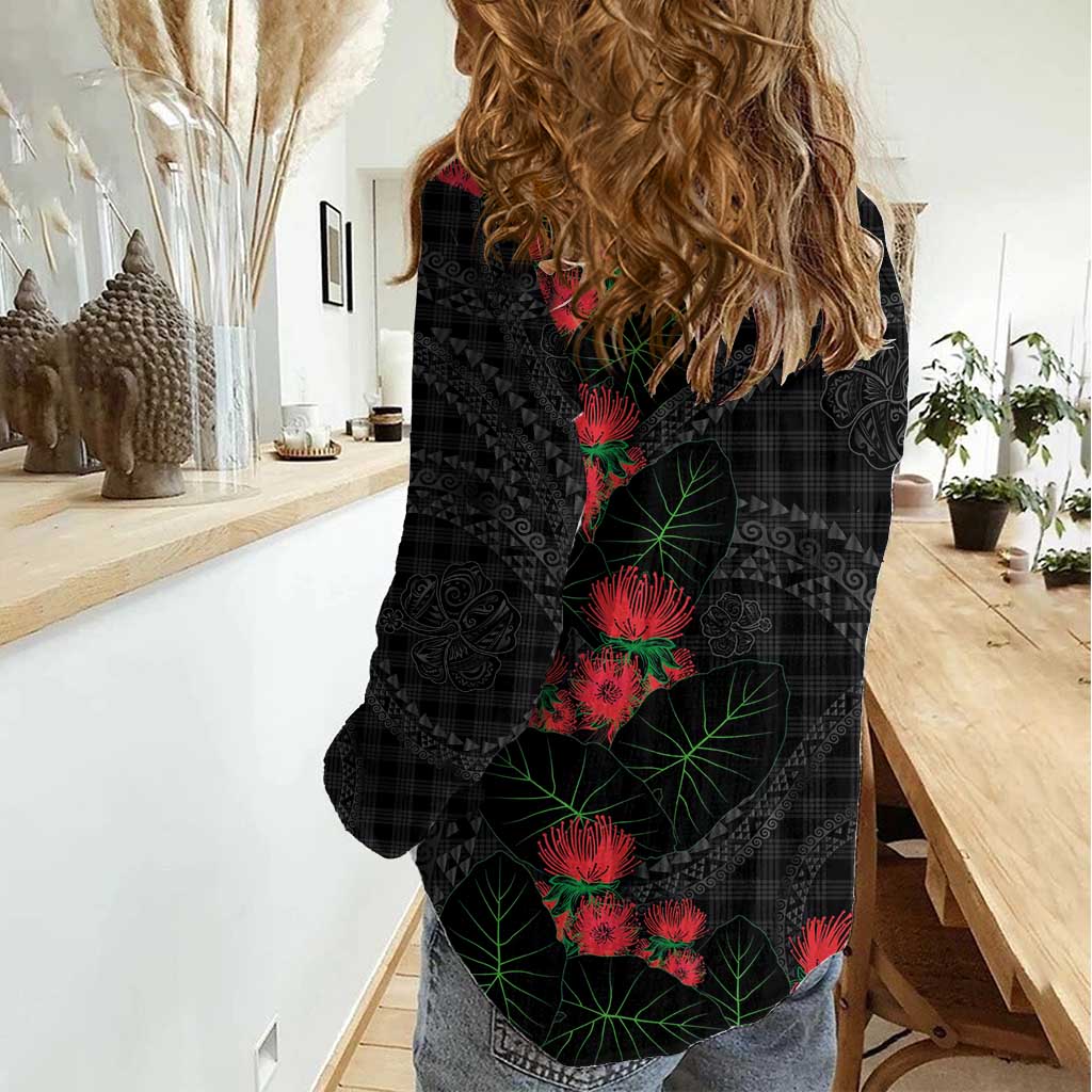 Hawaiian Kakau Art Women Casual Shirt Taro Leaves with Ohia Lehua and Pakala Pattern - Polynesian Pride