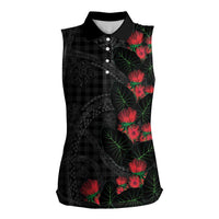 Hawaiian Kakau Art Women Sleeveless Polo Shirt Taro Leaves with Ohia Lehua and Pakala Pattern LT03 Female Black - Polynesian Pride