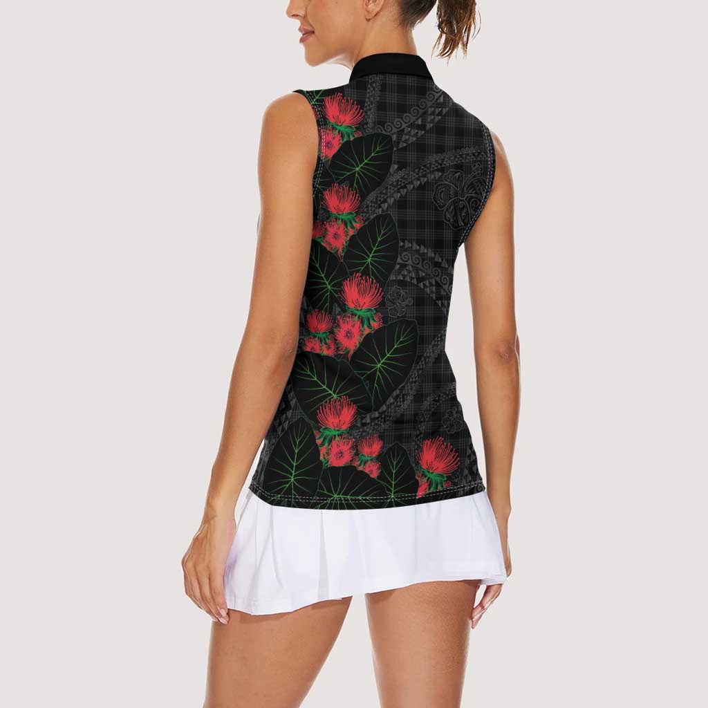 Hawaiian Kakau Art Women Sleeveless Polo Shirt Taro Leaves with Ohia Lehua and Pakala Pattern LT03 - Polynesian Pride