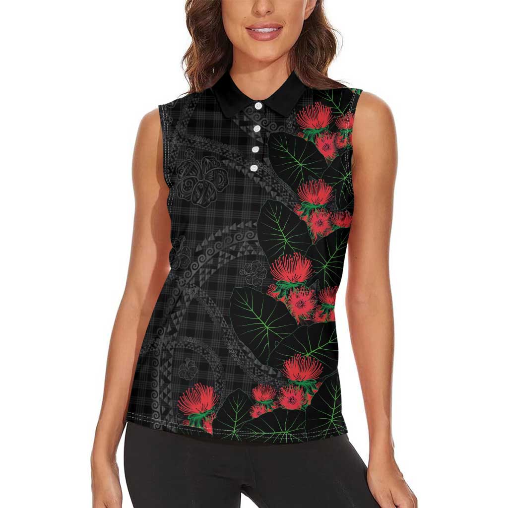 Hawaiian Kakau Art Women Sleeveless Polo Shirt Taro Leaves with Ohia Lehua and Pakala Pattern LT03 - Polynesian Pride