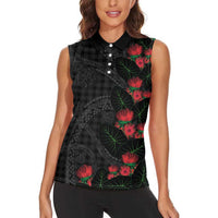 Hawaiian Kakau Art Women Sleeveless Polo Shirt Taro Leaves with Ohia Lehua and Pakala Pattern LT03 - Polynesian Pride