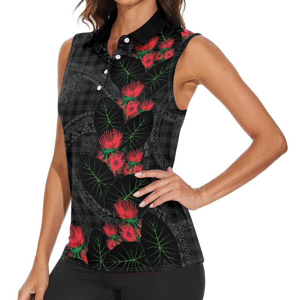Hawaiian Kakau Art Women Sleeveless Polo Shirt Taro Leaves with Ohia Lehua and Pakala Pattern LT03 - Polynesian Pride