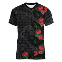 Hawaiian Kakau Art Women V-Neck T-Shirt Taro Leaves with Ohia Lehua and Pakala Pattern LT03 Female Black - Polynesian Pride
