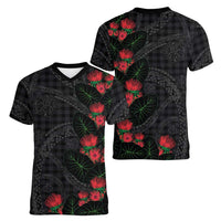 Hawaiian Kakau Art Women V-Neck T-Shirt Taro Leaves with Ohia Lehua and Pakala Pattern LT03 - Polynesian Pride