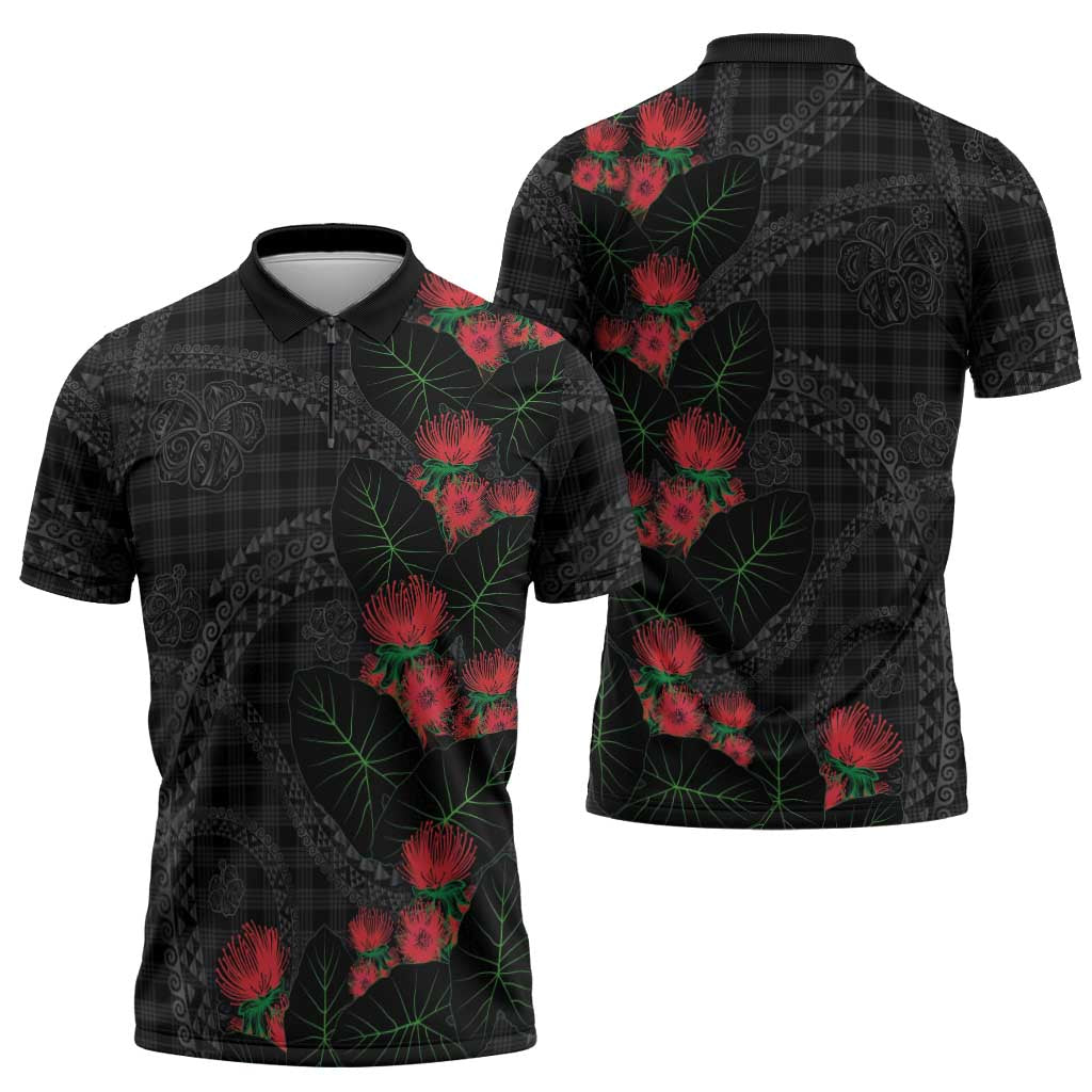 Hawaiian Kakau Art Zipper Polo Shirt Taro Leaves with Ohia Lehua and Pakala Pattern - Polynesian Pride