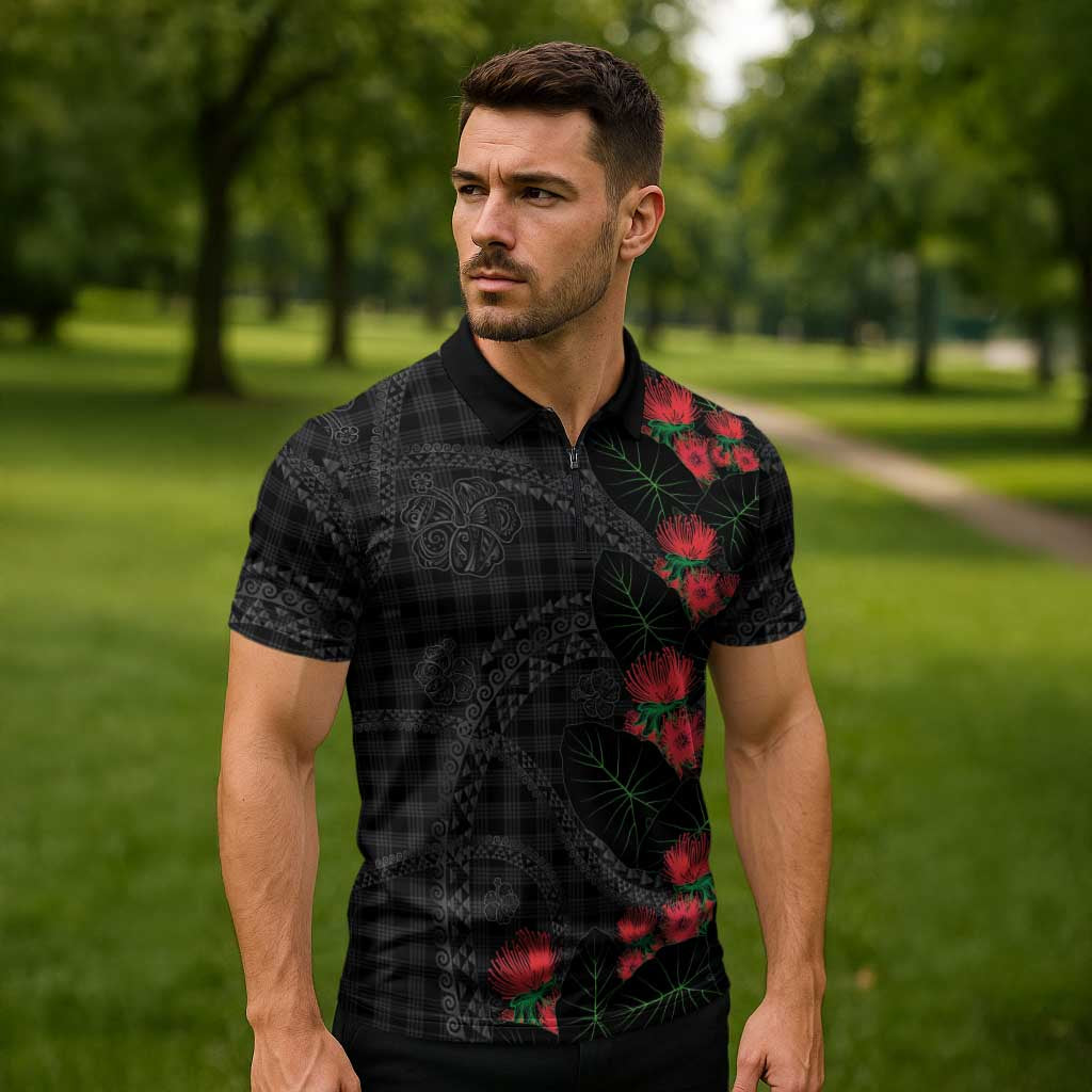 Hawaiian Kakau Art Zipper Polo Shirt Taro Leaves with Ohia Lehua and Pakala Pattern - Polynesian Pride