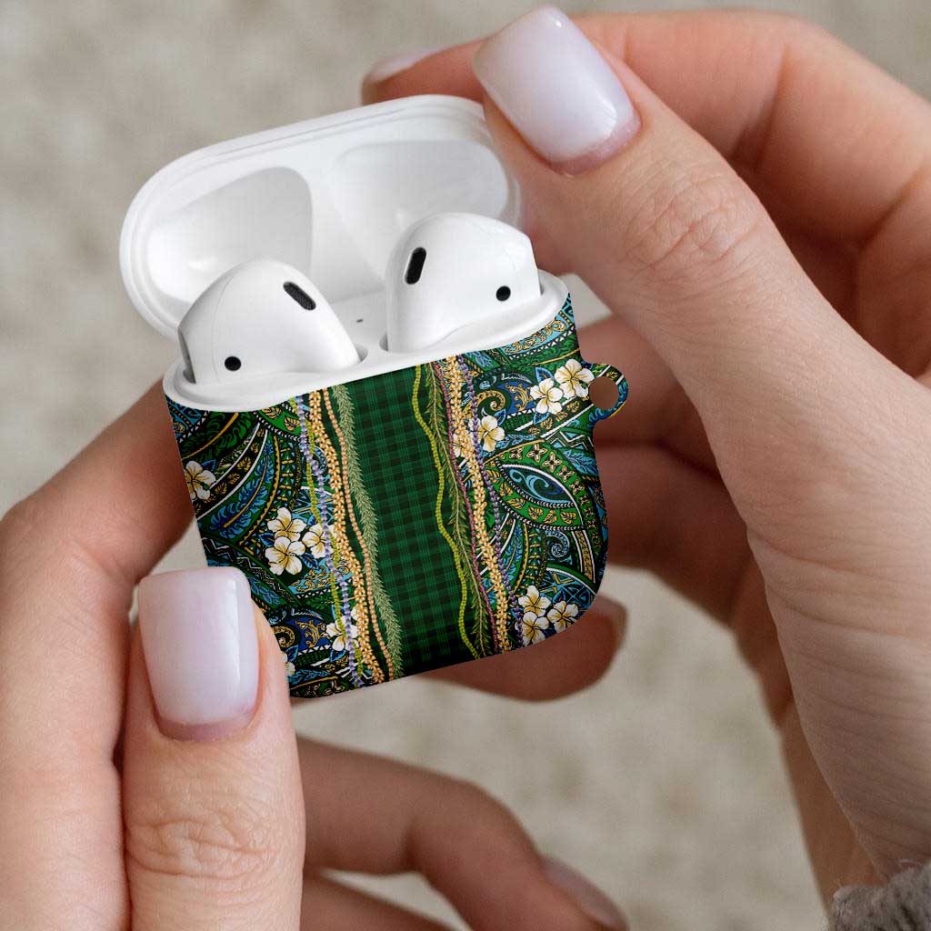 Hawaiian Art Flower Tribal with Lei AirPods Case Palaka Pattern Green Color - Polynesian Pride