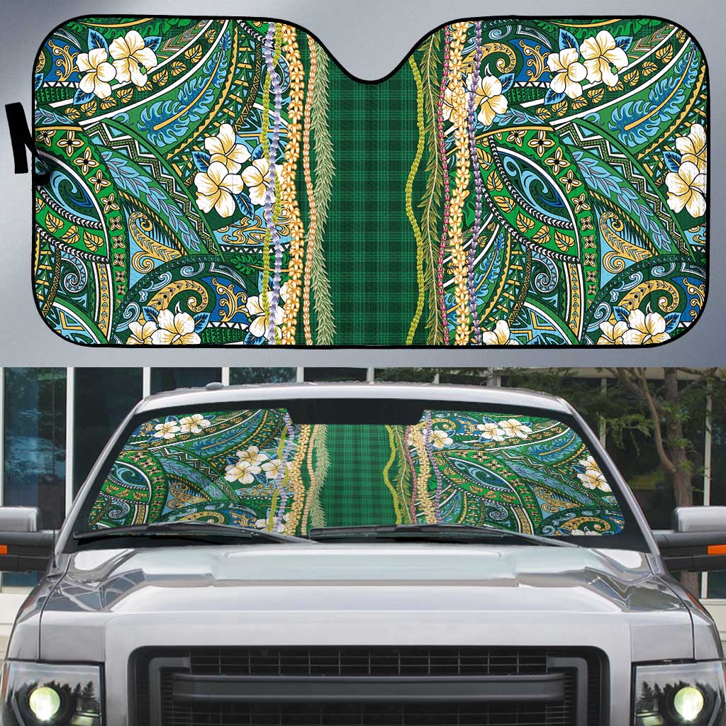 Hawaiian Art Flower Tribal with Lei Auto Sun Shade Palaka Pattern Green Color LT03 Green - Polynesian Pride