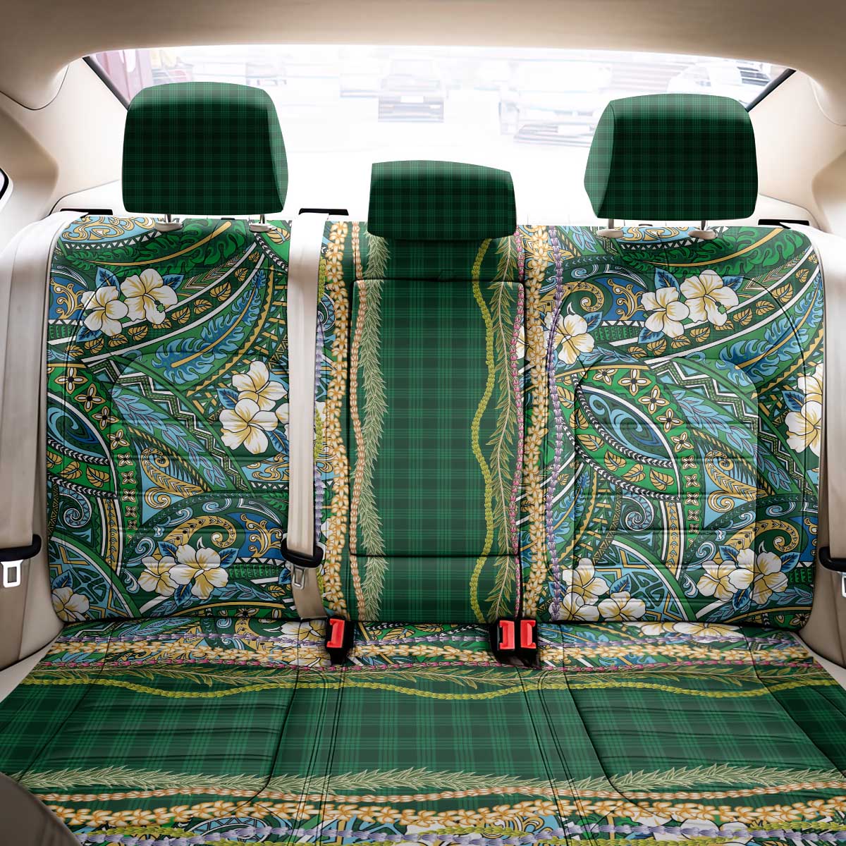 Hawaiian Art Flower Tribal with Lei Back Car Seat Cover Palaka Pattern Green Color - Polynesian Pride