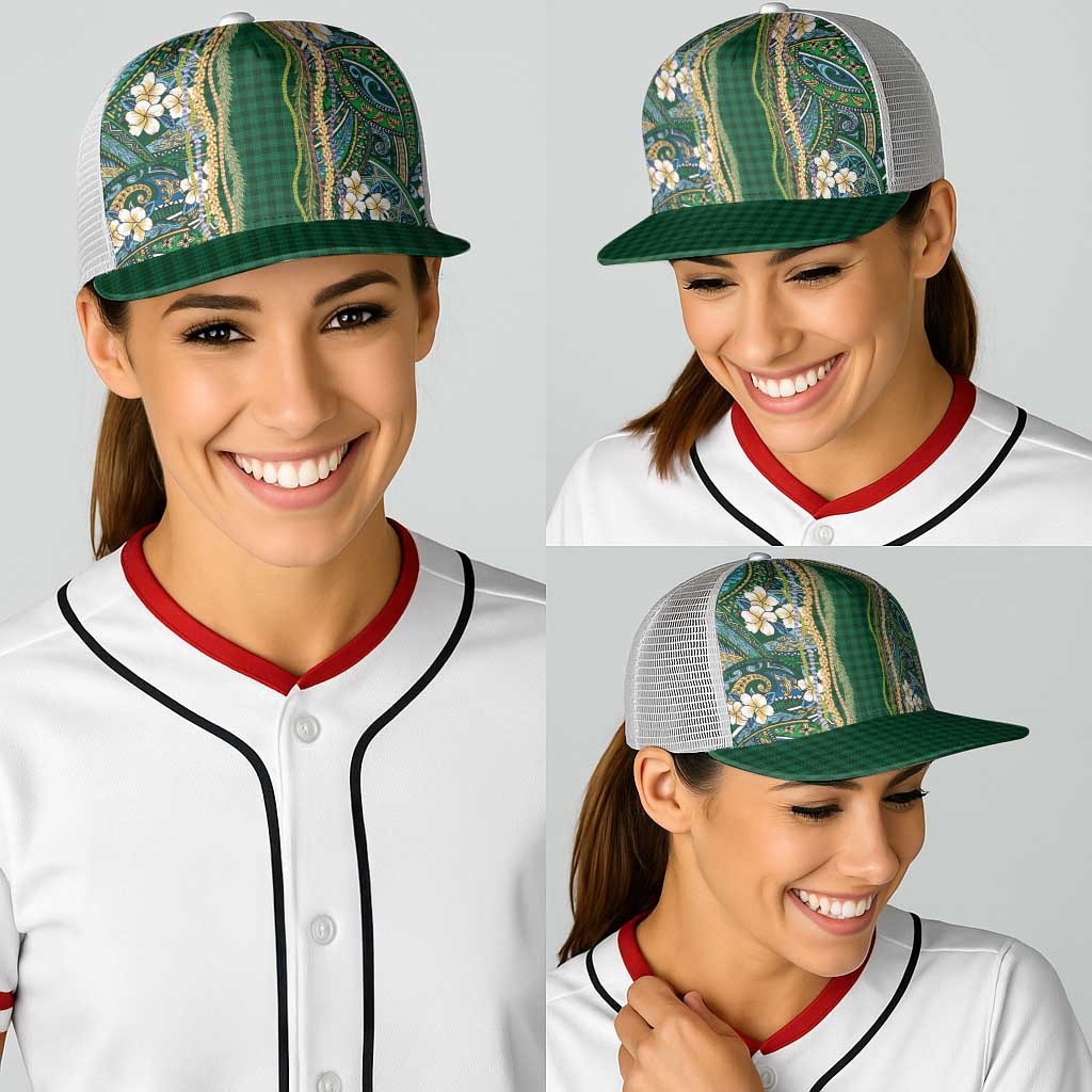 Hawaiian Art Flower Tribal with Lei Baseball Net Cap Palaka Pattern Green Color - Polynesian Pride