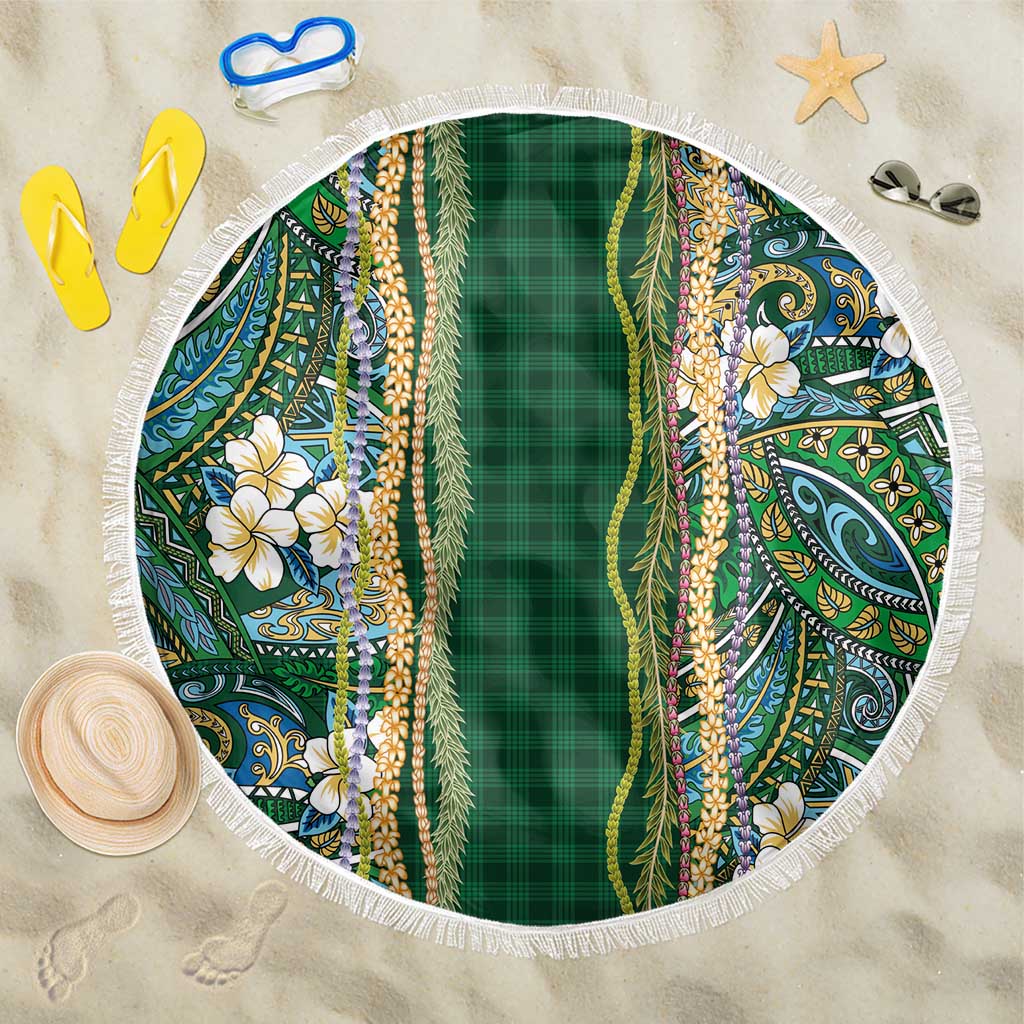 Hawaiian Art Flower Tribal with Lei Beach Blanket Palaka Pattern Green Color LT03 One Size 150cm Green - Polynesian Pride