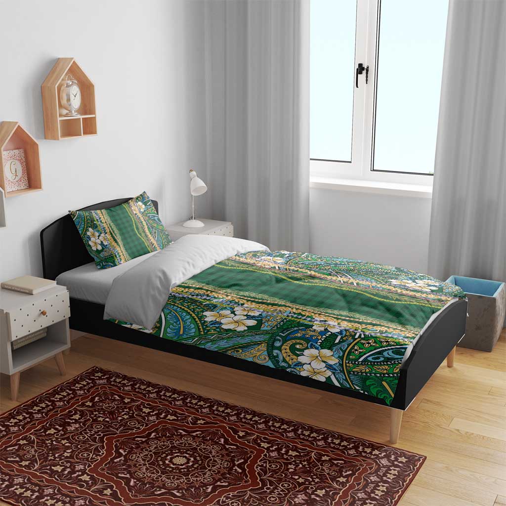 Hawaiian Art Flower Tribal with Lei Bedding Set Palaka Pattern Green Color - Polynesian Pride