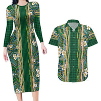 Hawaiian Art Flower Tribal with Lei Couples Matching Long Sleeve Bodycon Dress and Hawaiian Shirt Palaka Pattern Green Color LT03 Green - Polynesian Pride