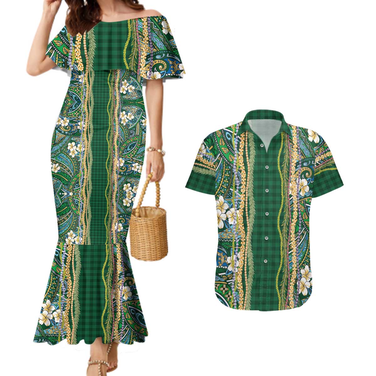 Hawaiian Art Flower Tribal with Lei Couples Matching Mermaid Dress and Hawaiian Shirt Palaka Pattern Green Color LT03 Green - Polynesian Pride
