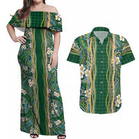 Hawaiian Art Flower Tribal with Lei Couples Matching Off Shoulder Maxi Dress and Hawaiian Shirt Palaka Pattern Green Color LT03 Green - Polynesian Pride