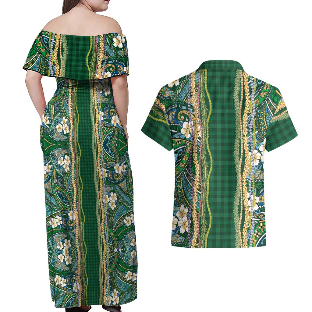 Hawaiian Art Flower Tribal with Lei Couples Matching Off Shoulder Maxi Dress and Hawaiian Shirt Palaka Pattern Green Color LT03 - Polynesian Pride