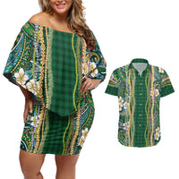 Hawaiian Art Flower Tribal with Lei Couples Matching Off Shoulder Short Dress and Hawaiian Shirt Palaka Pattern Green Color LT03 Green - Polynesian Pride