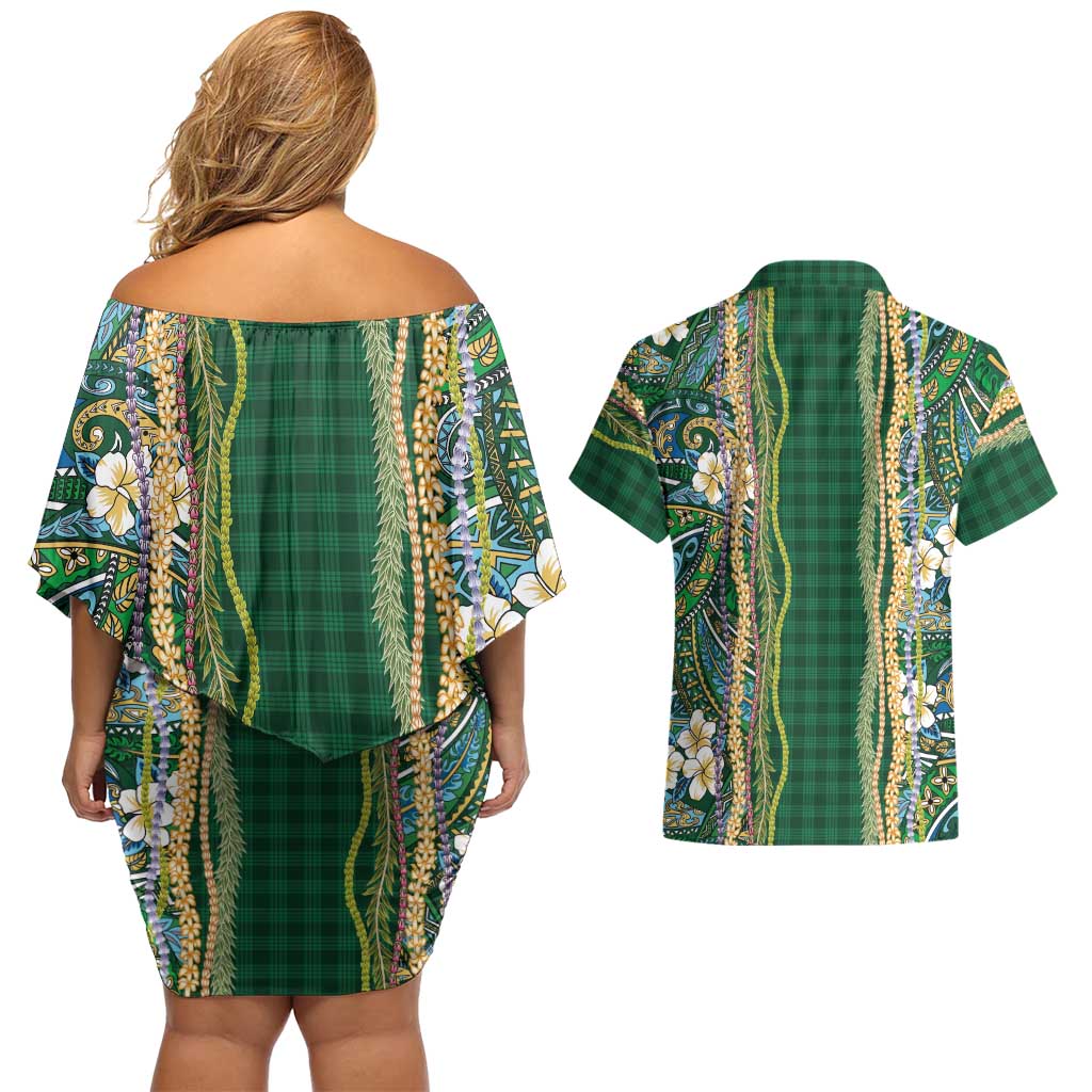 Hawaiian Art Flower Tribal with Lei Couples Matching Off Shoulder Short Dress and Hawaiian Shirt Palaka Pattern Green Color LT03 - Polynesian Pride