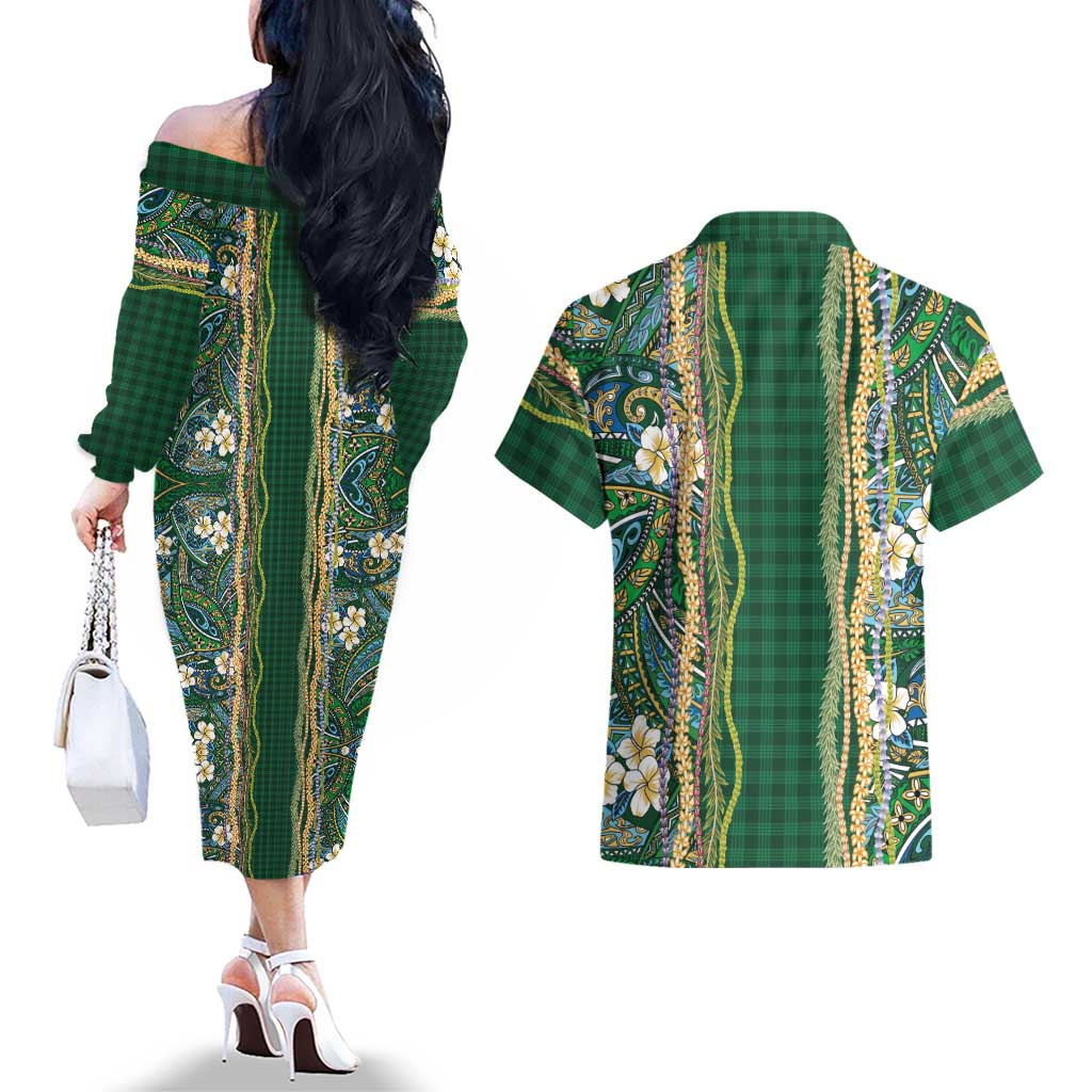 Hawaiian Art Flower Tribal with Lei Couples Matching Off The Shoulder Long Sleeve Dress and Hawaiian Shirt Palaka Pattern Green Color LT03 - Polynesian Pride
