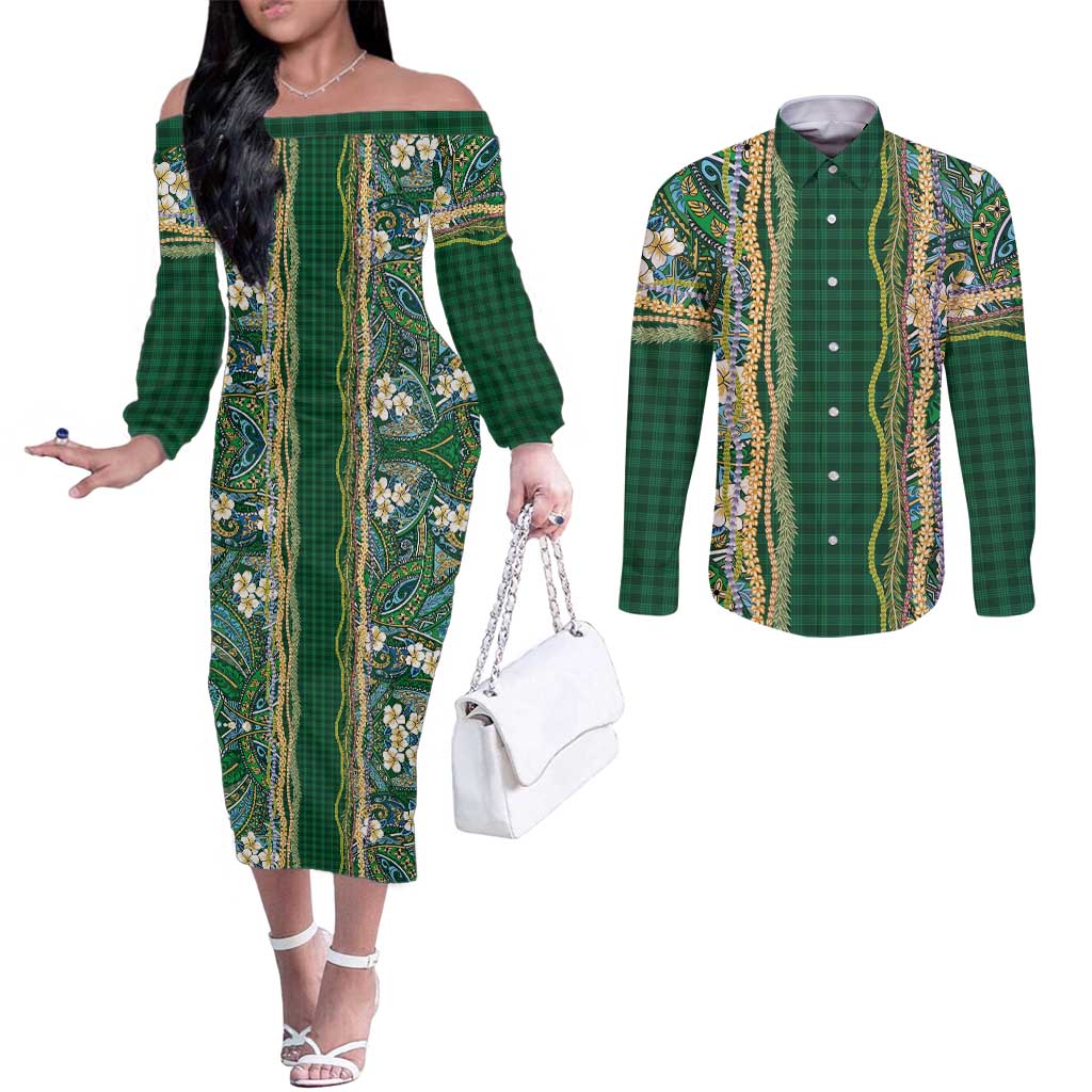 Hawaiian Art Flower Tribal with Lei Couples Matching Off The Shoulder Long Sleeve Dress and Long Sleeve Button Shirt Palaka Pattern Green Color LT03 Green - Polynesian Pride