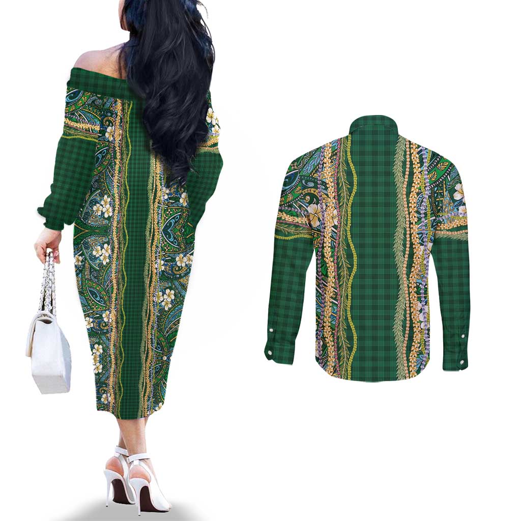 Hawaiian Art Flower Tribal with Lei Couples Matching Off The Shoulder Long Sleeve Dress and Long Sleeve Button Shirt Palaka Pattern Green Color LT03 - Polynesian Pride