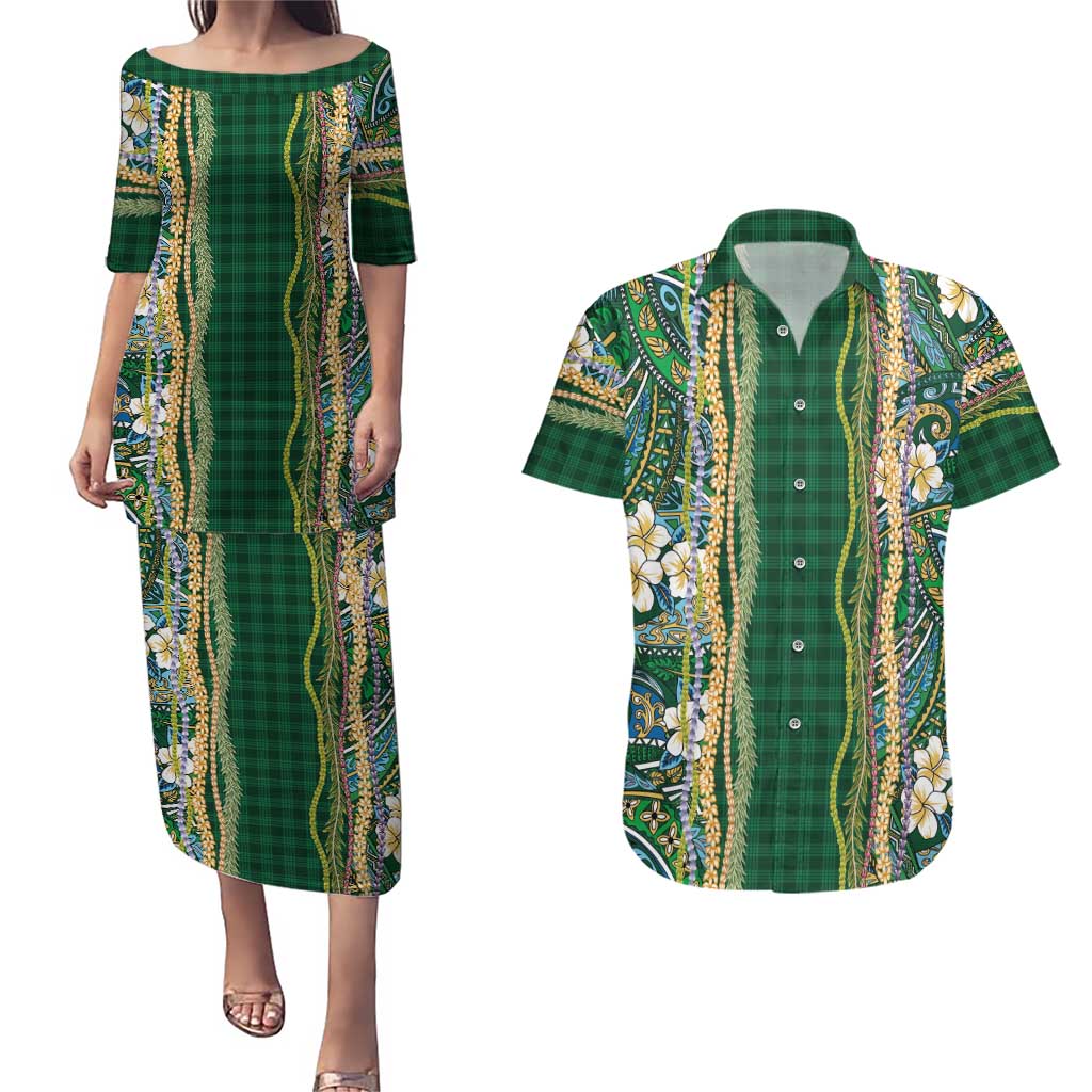 Hawaiian Art Flower Tribal with Lei Couples Matching Puletasi and Hawaiian Shirt Palaka Pattern Green Color - Polynesian Pride