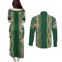 Hawaiian Art Flower Tribal with Lei Couples Matching Puletasi and Long Sleeve Button Shirt Palaka Pattern Green Color LT03 - Polynesian Pride