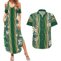 Hawaiian Art Flower Tribal with Lei Couples Matching Summer Maxi Dress and Hawaiian Shirt Palaka Pattern Green Color LT03 Green - Polynesian Pride