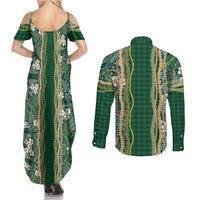 Hawaiian Art Flower Tribal with Lei Couples Matching Summer Maxi Dress and Long Sleeve Button Shirt Palaka Pattern Green Color - Polynesian Pride