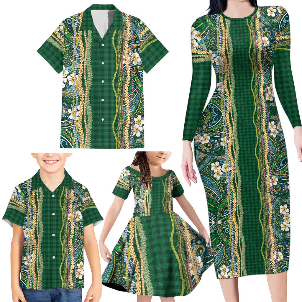 Hawaiian Art Flower Tribal with Lei Family Matching Long Sleeve Bodycon Dress and Hawaiian Shirt Palaka Pattern Green Color - Polynesian Pride