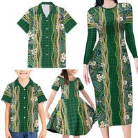 Hawaiian Art Flower Tribal with Lei Family Matching Long Sleeve Bodycon Dress and Hawaiian Shirt Palaka Pattern Green Color LT03 - Polynesian Pride