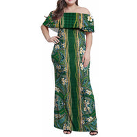 Hawaiian Art Flower Tribal with Lei Family Matching Off Shoulder Maxi Dress and Hawaiian Shirt Palaka Pattern Green Color LT03 Mom's Dress Green - Polynesian Pride