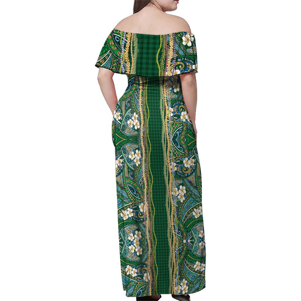Hawaiian Art Flower Tribal with Lei Family Matching Off Shoulder Maxi Dress and Hawaiian Shirt Palaka Pattern Green Color LT03 - Polynesian Pride