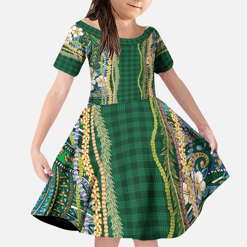 Hawaiian Art Flower Tribal with Lei Family Matching Off Shoulder Short Dress and Hawaiian Shirt Palaka Pattern Green Color LT03 Daughter's Dress Green - Polynesian Pride