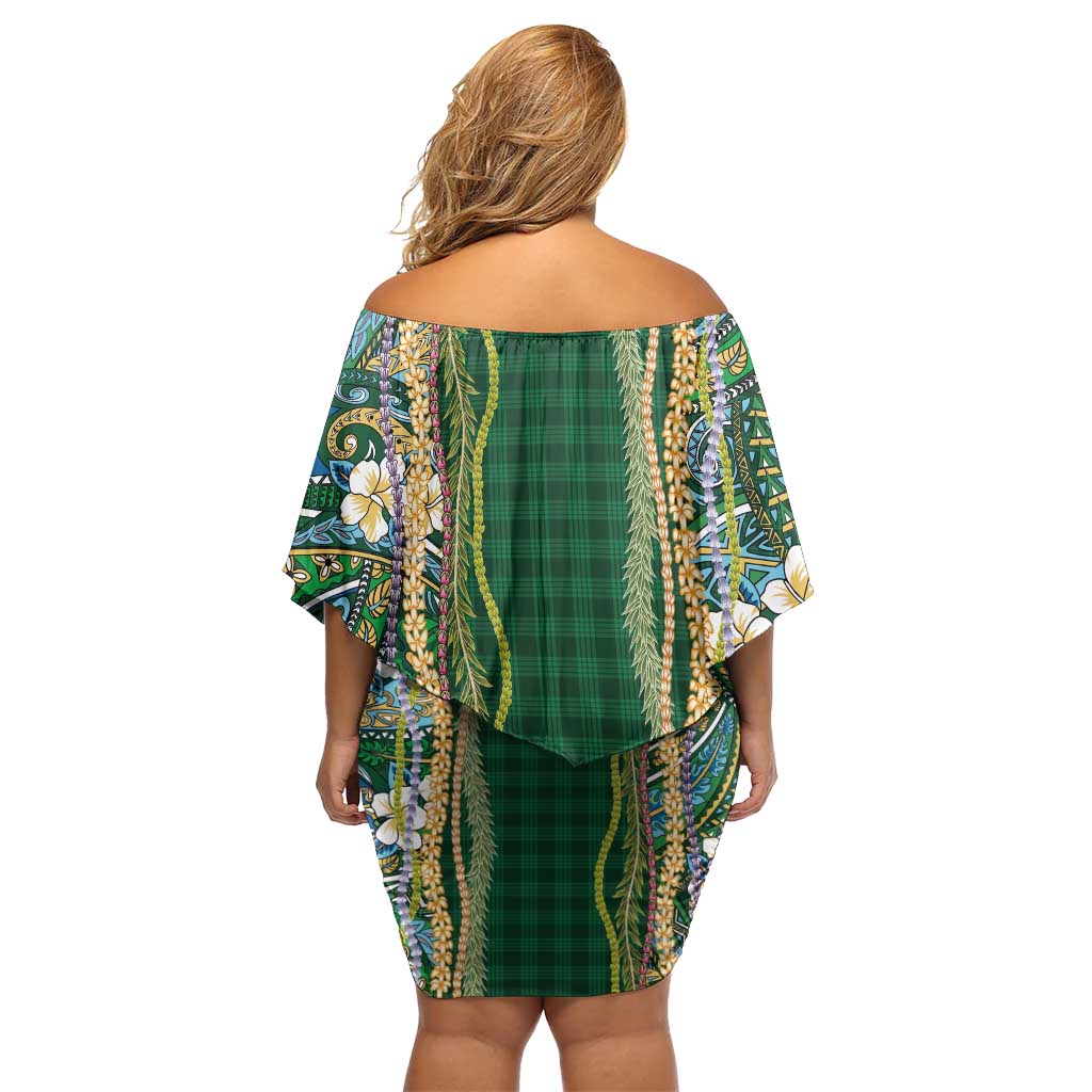 Hawaiian Art Flower Tribal with Lei Family Matching Off Shoulder Short Dress and Hawaiian Shirt Palaka Pattern Green Color LT03 - Polynesian Pride