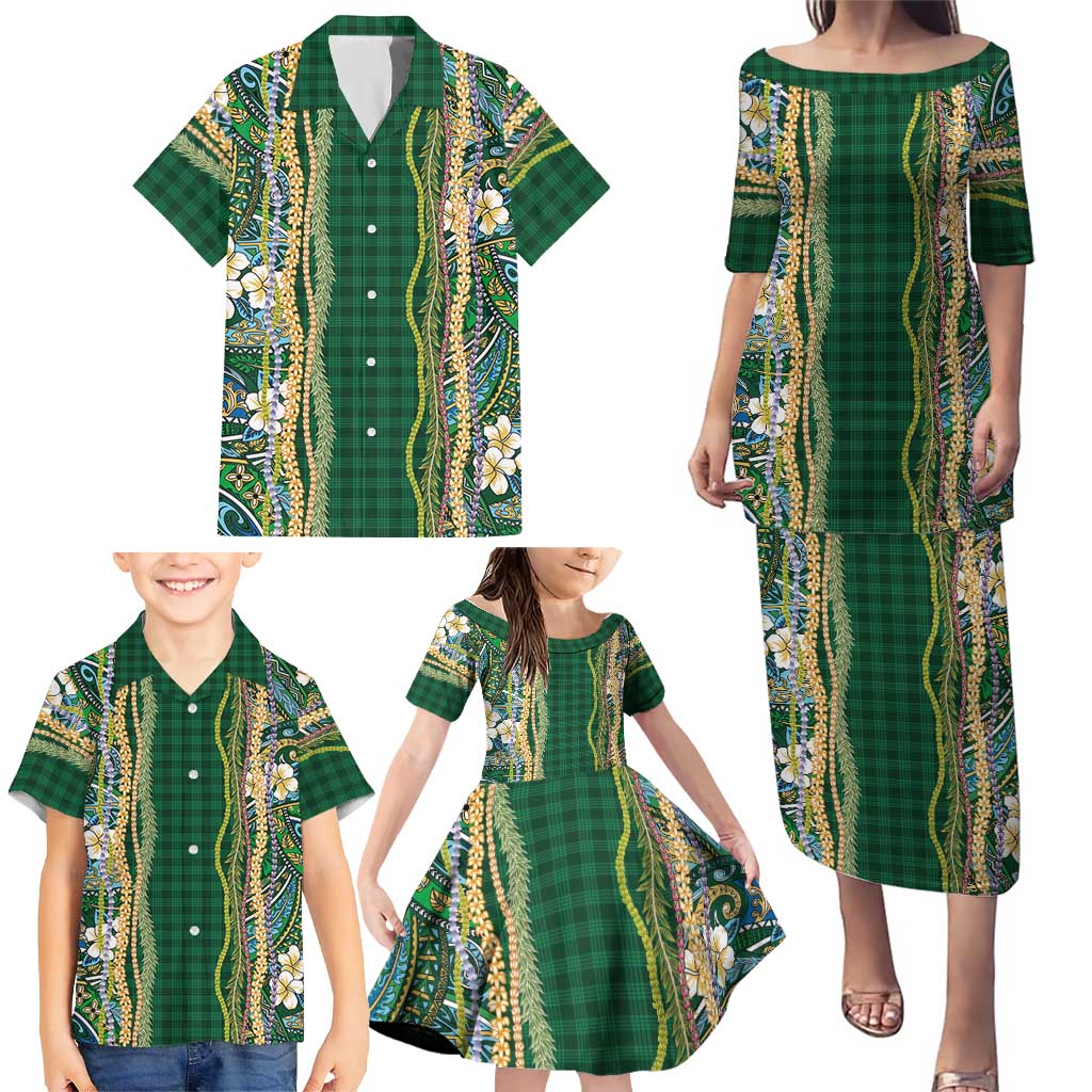 Hawaiian Art Flower Tribal with Lei Family Matching Puletasi and Hawaiian Shirt Palaka Pattern Green Color LT03 - Polynesian Pride