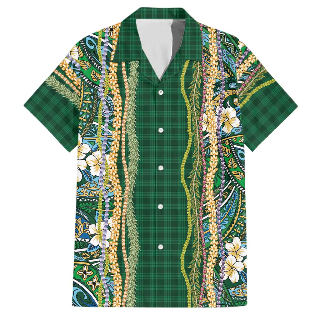 Hawaiian Art Flower Tribal with Lei Family Matching Puletasi and Hawaiian Shirt Palaka Pattern Green Color LT03 Dad's Shirt - Short Sleeve Green - Polynesian Pride