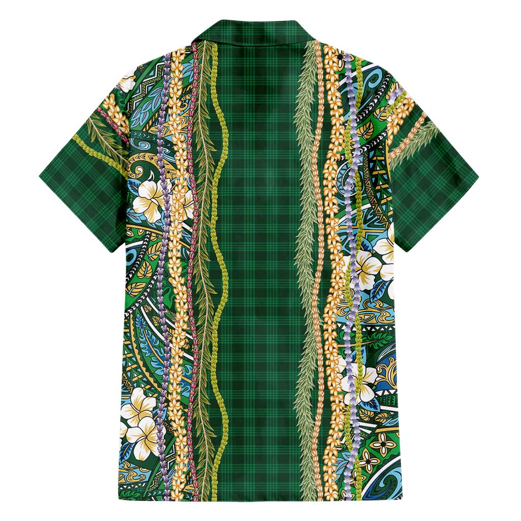 Hawaiian Art Flower Tribal with Lei Family Matching Puletasi and Hawaiian Shirt Palaka Pattern Green Color LT03 - Polynesian Pride