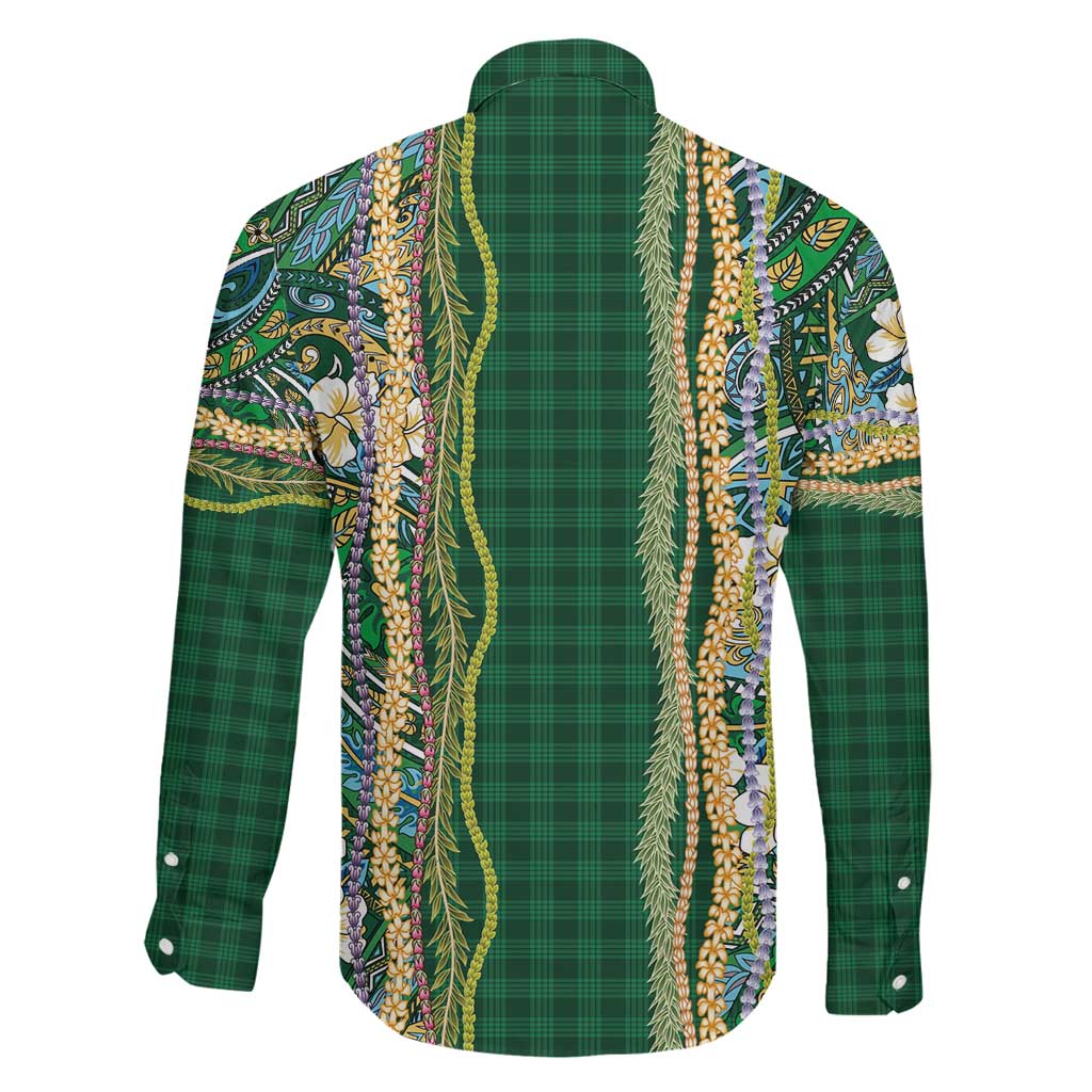 Hawaiian Art Flower Tribal with Lei Family Matching Puletasi and Hawaiian Shirt Palaka Pattern Green Color LT03 - Polynesian Pride