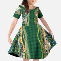 Hawaiian Art Flower Tribal with Lei Family Matching Short Sleeve Bodycon Dress and Hawaiian Shirt Palaka Pattern Green Color LT03 Daughter's Dress Green - Polynesian Pride