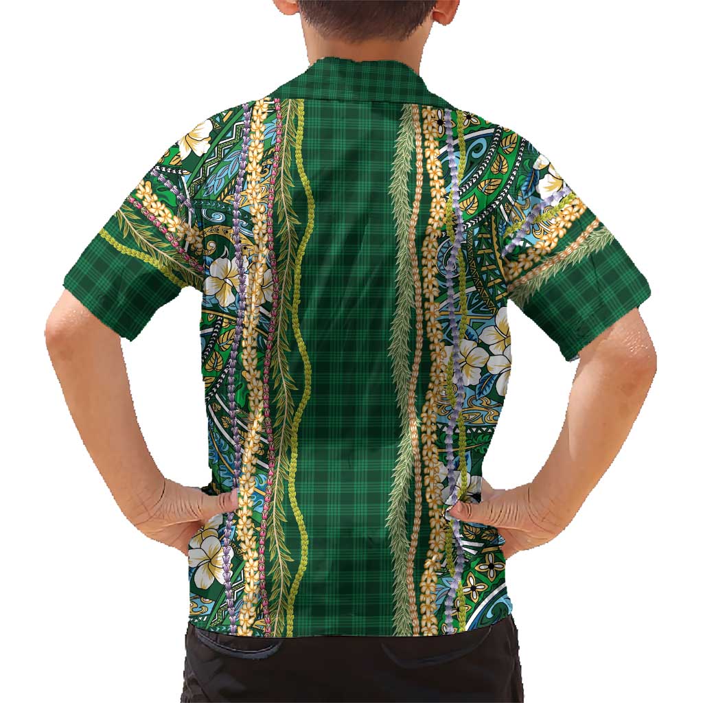 Hawaiian Art Flower Tribal with Lei Family Matching Summer Maxi Dress and Hawaiian Shirt Palaka Pattern Green Color LT03 - Polynesian Pride