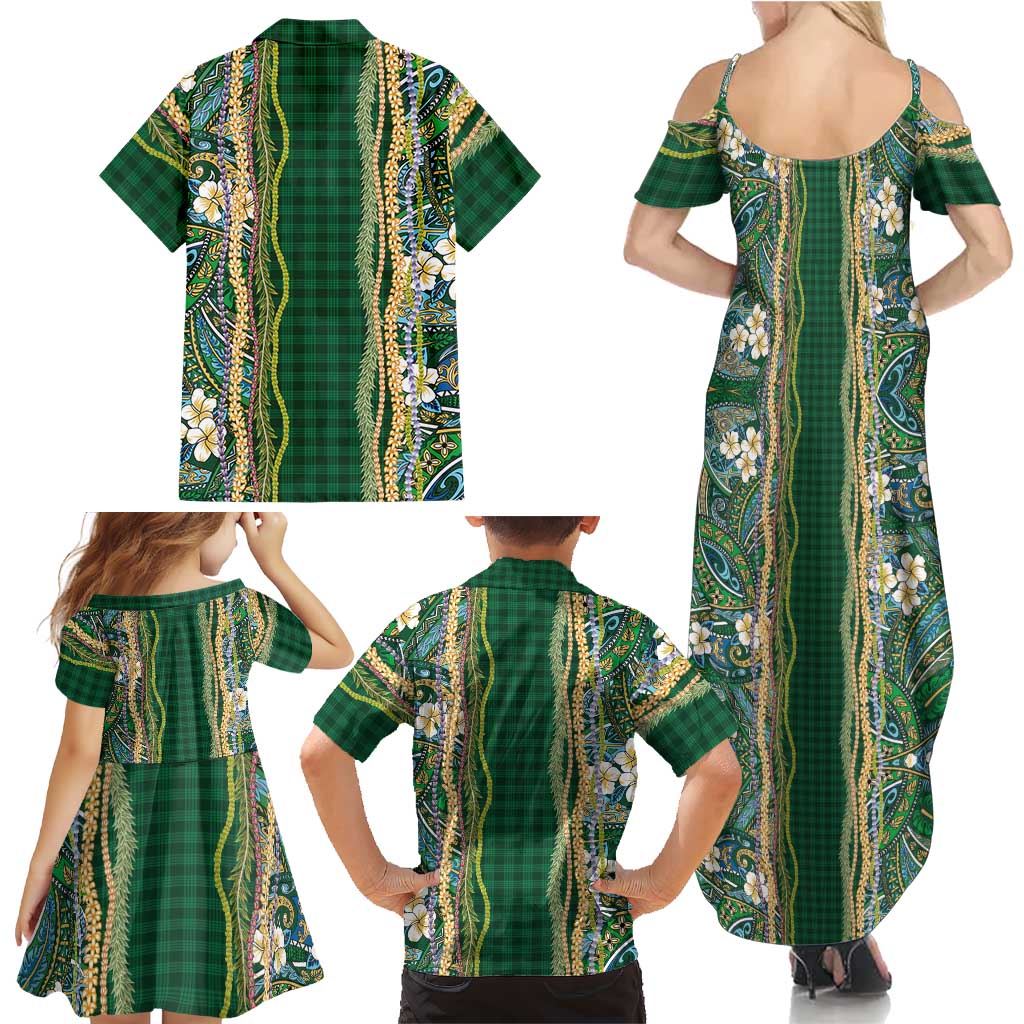 Hawaiian Art Flower Tribal with Lei Family Matching Summer Maxi Dress and Hawaiian Shirt Palaka Pattern Green Color LT03 - Polynesian Pride