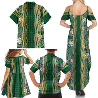 Hawaiian Art Flower Tribal with Lei Family Matching Summer Maxi Dress and Hawaiian Shirt Palaka Pattern Green Color LT03 - Polynesian Pride