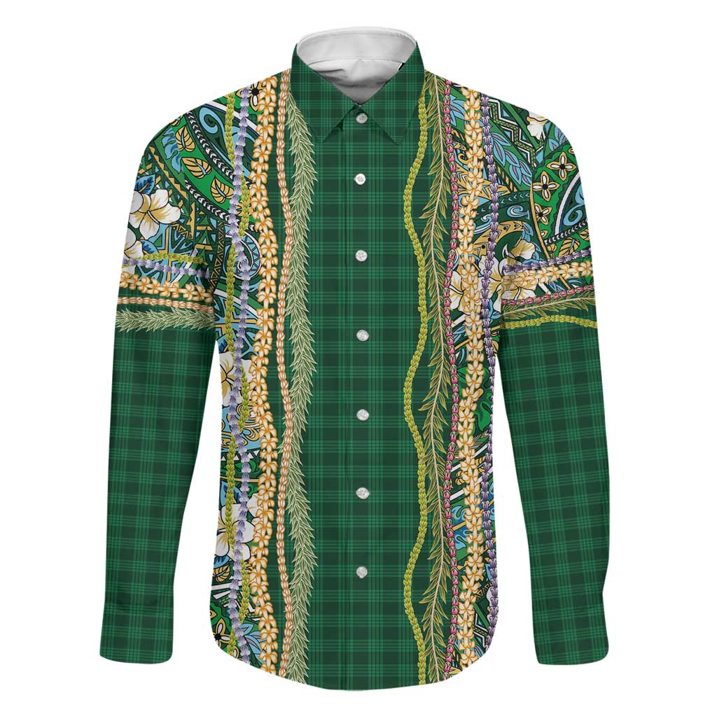 Hawaiian Art Flower Tribal with Lei Family Matching Summer Maxi Dress and Hawaiian Shirt Palaka Pattern Green Color LT03 Dad's Shirt - Long Sleeve Green - Polynesian Pride