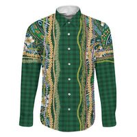 Hawaiian Art Flower Tribal with Lei Family Matching Summer Maxi Dress and Hawaiian Shirt Palaka Pattern Green Color LT03 Dad's Shirt - Long Sleeve Green - Polynesian Pride