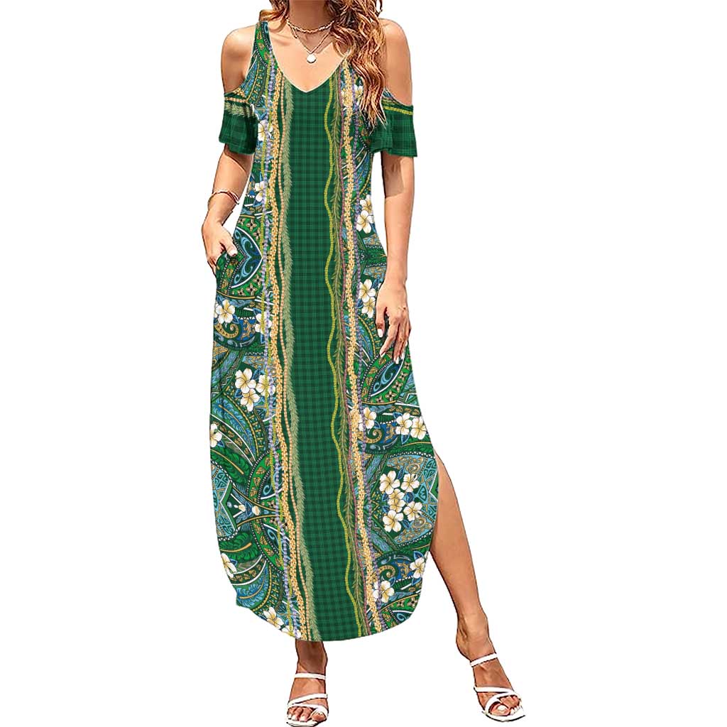 Hawaiian Art Flower Tribal with Lei Family Matching Summer Maxi Dress and Hawaiian Shirt Palaka Pattern Green Color LT03 Mom's Dress Green - Polynesian Pride