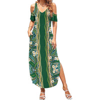 Hawaiian Art Flower Tribal with Lei Family Matching Summer Maxi Dress and Hawaiian Shirt Palaka Pattern Green Color LT03 Mom's Dress Green - Polynesian Pride