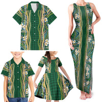 Hawaiian Art Flower Tribal with Lei Family Matching Tank Maxi Dress and Hawaiian Shirt Palaka Pattern Green Color LT03 - Polynesian Pride